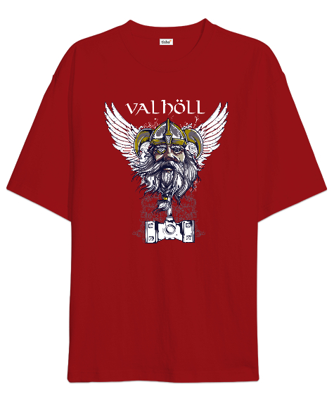 Tisho - Viking Valhöll - Savaşçı Kırmızı Oversize Unisex Tişört