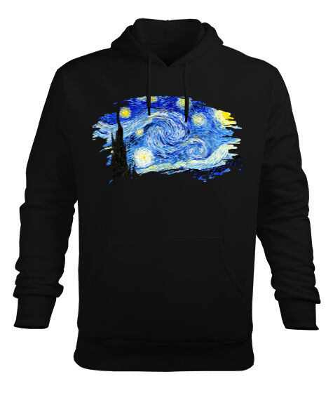 Tisho - Vincent Van Gogh Stylish Vintage Art Starry Night Baskılı Siyah Erkek Kapüşonlu Hoodie Sweatshirt