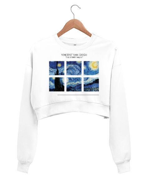 Tisho - Vincent Van Gogh Yıldızlı Gece Beyaz Kadın Crop Sweatshirt