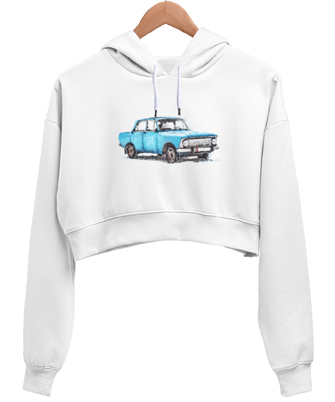 Tisho - Vintage Car - Otomobil Beyaz Kadın Crop Hoodie Kapüşonlu Sweatshirt