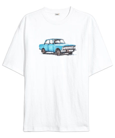 Tisho - Vintage Car - Otomobil Beyaz Oversize Unisex Tişört