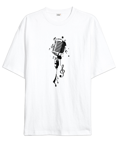 Tisho - Vintage Mikrofon - Notalar Beyaz Oversize Unisex Tişört