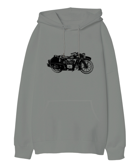 Tisho - Vintage Motorcycle - Motorsiklet Gri Oversize Unisex Kapüşonlu Sweatshirt
