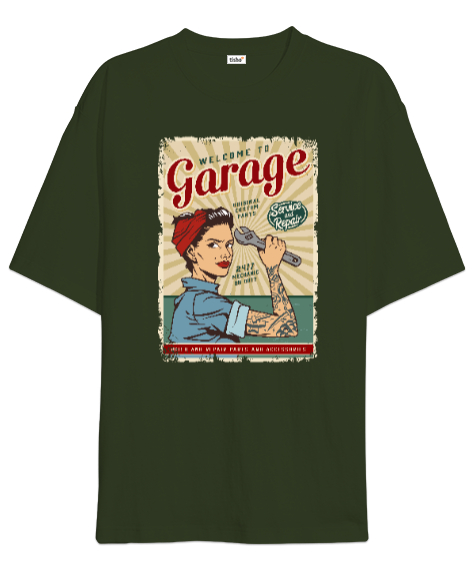 Tisho - Vintage Poster - Welcome Garage Haki Yeşili Oversize Unisex Tişört