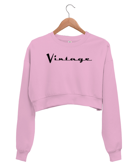 Tisho - Vintage Yazım Text V1 Pembe Kadın Crop Sweatshirt