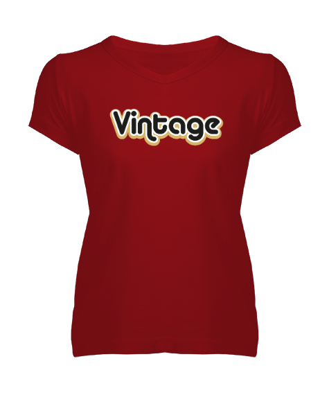 Tisho - Vintage Yazım Text V2 Kırmızı Kadın V Yaka Tişört