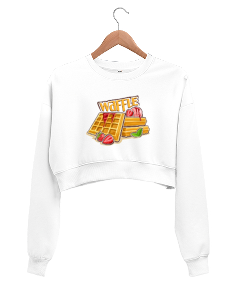 Tisho - Waffle baskılı Beyaz Kadın Crop Sweatshirt