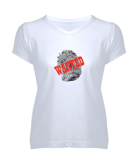 Tisho - Wanted yazılı Kadın V Yaka Tişört