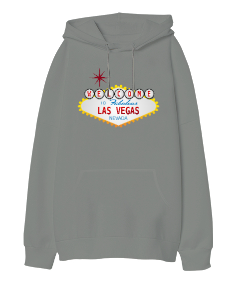 Tisho - Welcome Las Vegas Nevada Gri Oversize Unisex Kapüşonlu Sweatshirt