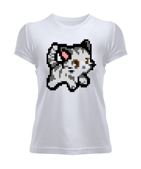 Tisho - White Grey Pixel Cat Kadın Tişört