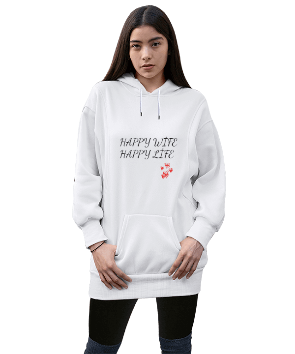 Tisho - Wife and Life Kadın Uzun Hoodie Kapüşonlu Sweatshirt