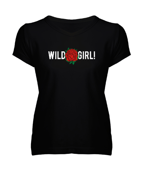Tisho - Wild Girl - Vahşi Siyah Kadın V Yaka Tişört