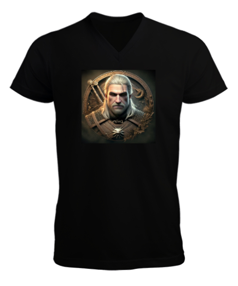 Tisho - Witcher Geralt Siyah Erkek Kısa Kol V Yaka Tişört
