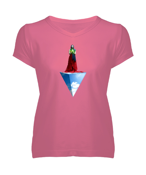 Tisho - Woman Pyramide - Fantastik Pembe Kadın V Yaka Tişört