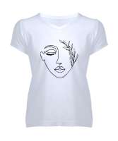 Woman Silhouette - Yüz Silüet ve Yapraklar Beyaz Kadın V Yaka Tişört - Tisho