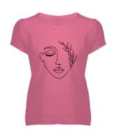 Woman Silhouette - Yüz Silüet ve Yapraklar Pembe Kadın V Yaka Tişört - Tisho