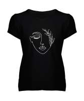 Woman Silhouette - Yüz Silüet ve Yapraklar Siyah Kadın V Yaka Tişört - Tisho