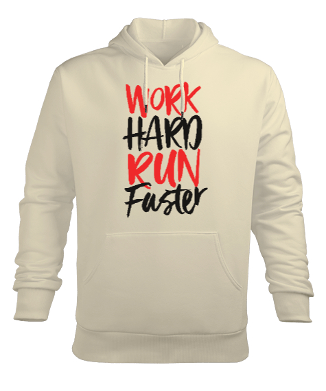Tisho - Work Hard Run Faster Baskılı Krem Erkek Kapüşonlu Hoodie Sweatshirt