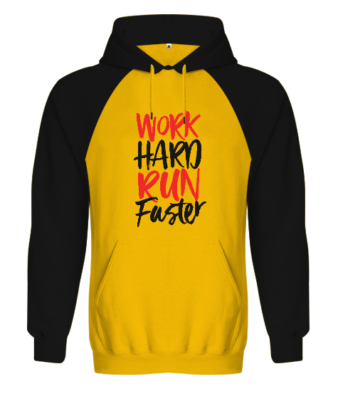 Tisho - Work Hard Run Faster Baskılı Sarı/Siyah Orjinal Reglan Hoodie Unisex Sweatshirt