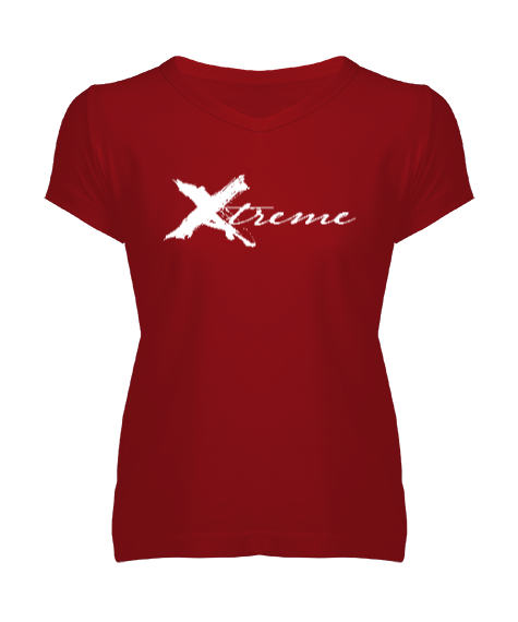 Tisho - Xtreme - Extrem Slogan Kırmızı Kadın V Yaka Tişört