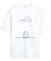 Yağmur Altında Kalan Penguen Beyaz Oversize Unisex Tişört - Tisho
