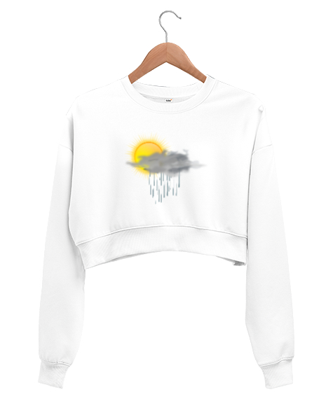 Tisho - Yağmur ve Güneş Beyaz Kadın Crop Sweatshirt