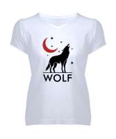 Yalnız Uluyan Kurt ve Hilal - Wolf Beyaz Kadın V Yaka Tişört - Tisho