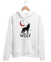 Yalnız Uluyan Kurt ve Hilal - Wolf Beyaz Unisex Kapşonlu Sweatshirt - Tisho