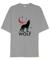 Yalnız Uluyan Kurt ve Hilal - Wolf Gri Oversize Unisex Tişört - Tisho