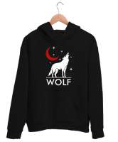 Yalnız Uluyan Kurt ve Hilal - Wolf Siyah Unisex Kapşonlu Sweatshirt - Tisho