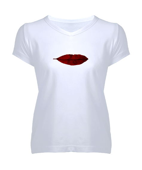 Tisho - Yaprak Dudak - Leaf Lip Beyaz Kadın V Yaka Tişört