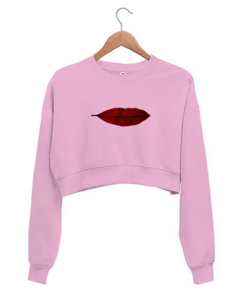 Tisho - Yaprak Dudak - Leaf Lip Pembe Kadın Crop Sweatshirt