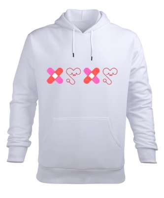 Yara Bandı ve Kalpli Steteskop Doktor Hemşire Beyaz Erkek Kapüşonlu Hoodie Sweatshirt - Tisho