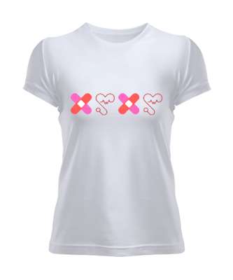 Yara Bandı ve Kalpli Steteskop Doktor Hemşire Beyaz Kadın Tişört - Tisho