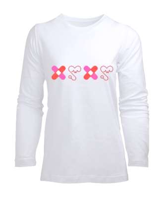 Yara Bandı ve Kalpli Steteskop Doktor Hemşire Beyaz Kadın Uzun Kol Tişört - Tisho