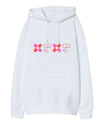 Yara Bandı ve Kalpli Steteskop Doktor Hemşire Beyaz Oversize Unisex Kapüşonlu Sweatshirt - Tisho