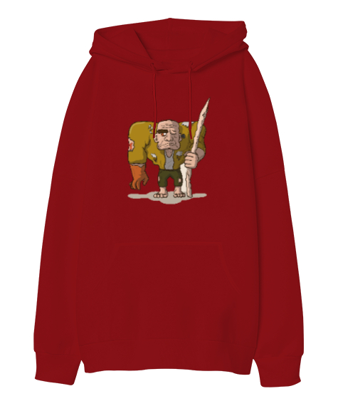 Tisho - Yaratık Adam Kırmızı Oversize Unisex Kapüşonlu Sweatshirt