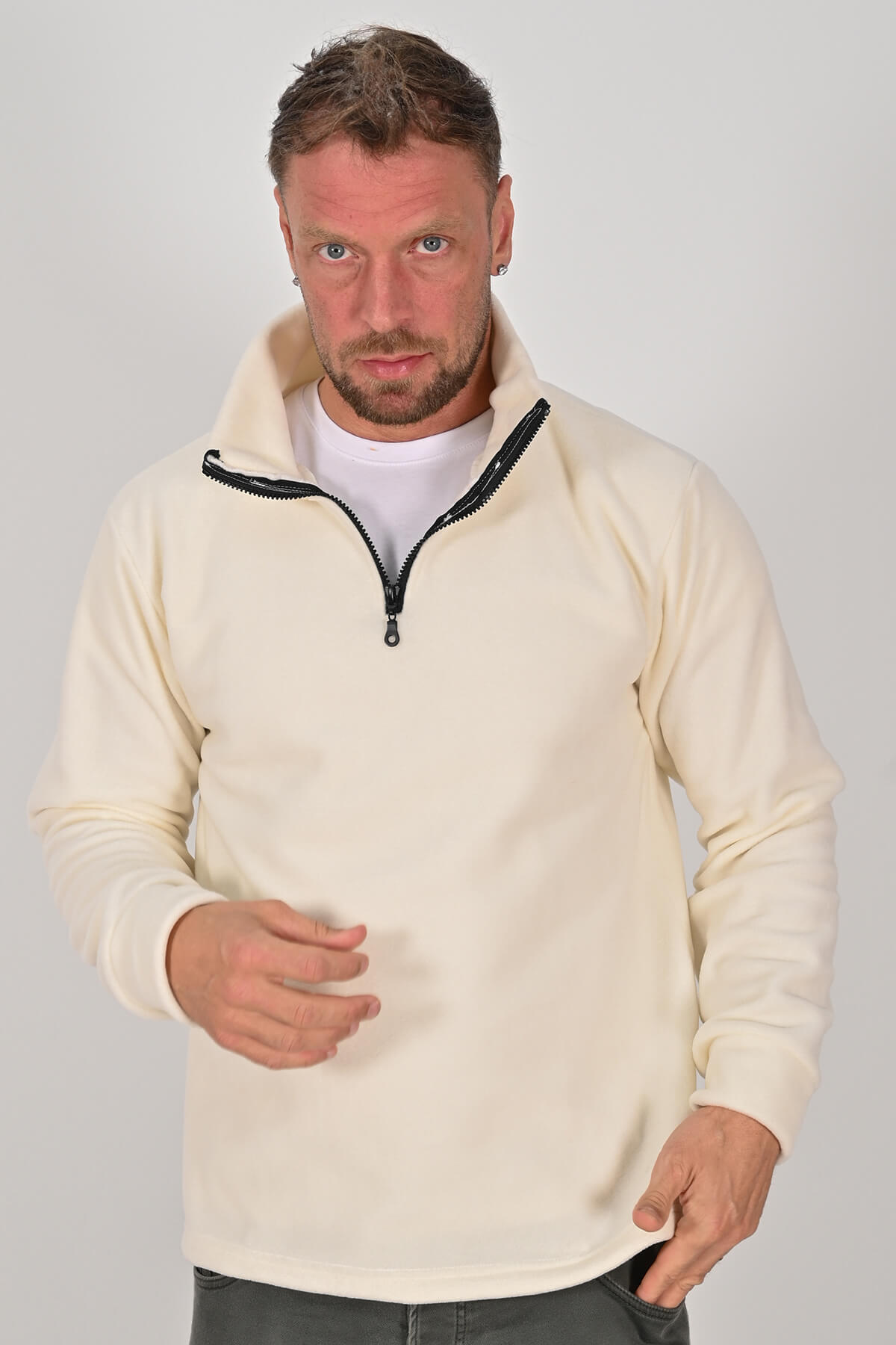 Yarım Fermuarlı Ekru Polar Mont - Kışlık, Dayanıklı, Rahat - Unisex - Tisho