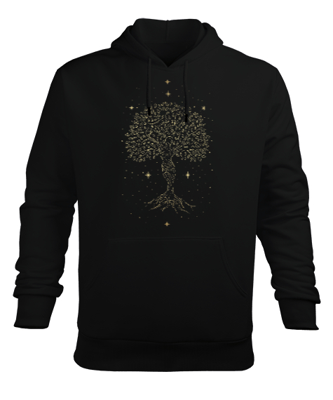 Tisho - Yaşam Ağacı - Tree of Life with Stars Mother Earth Baskılı Siyah Erkek Kapüşonlu Hoodie Sweatshirt