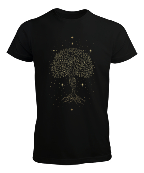 Tisho - Yaşam Ağacı - Tree of Life with Stars Mother Earth Baskılı Siyah Erkek Tişört