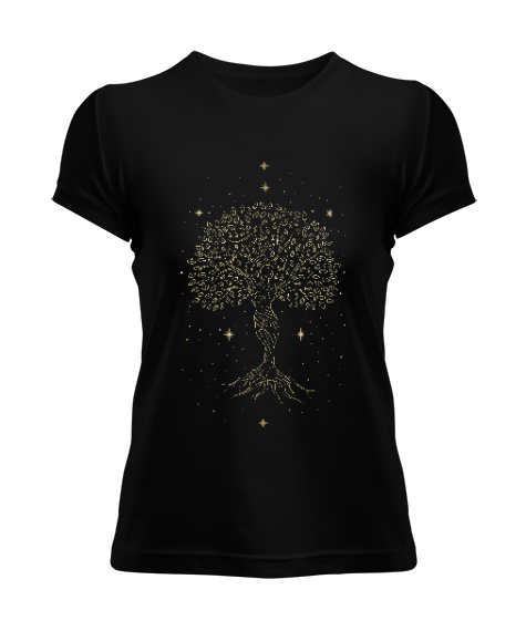 Tisho - Yaşam Ağacı - Tree of Life with Stars Mother Earth Baskılı Siyah Kadın Tişört