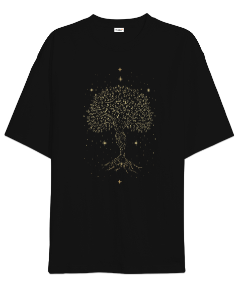 Tisho - Yaşam Ağacı - Tree of Life with Stars Mother Earth Baskılı Siyah Oversize Unisex Tişört