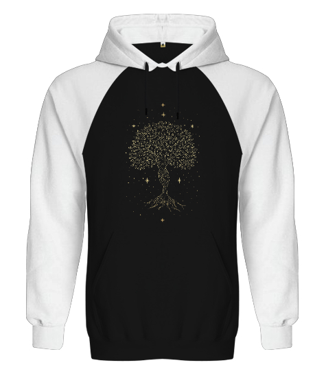 Tisho - Yaşam Ağacı - Tree of Life with Stars Mother Earth Baskılı Siyah/Beyaz Orjinal Reglan Hoodie Unisex Sweatshirt