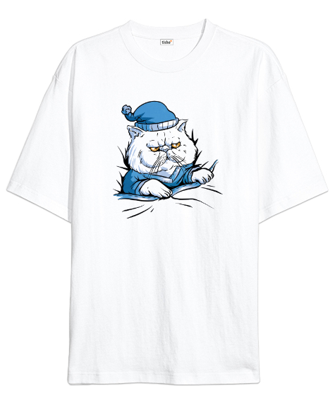 Tisho - Yatakta Uykucu Kedi Beyaz Oversize Unisex Tişört
