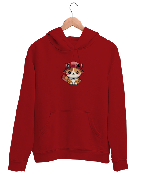 Tisho - Yavru Kedi Resimli Kırmızı Unisex Kapşonlu Sweatshirt
