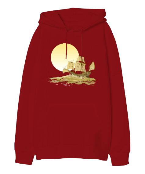 Tisho - Yelkenli Kırmızı Oversize Unisex Kapüşonlu Sweatshirt