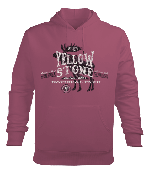 Tisho - Yellowstone Montana Geyik Baskılı Gül Kurusu Erkek Kapüşonlu Hoodie Sweatshirt