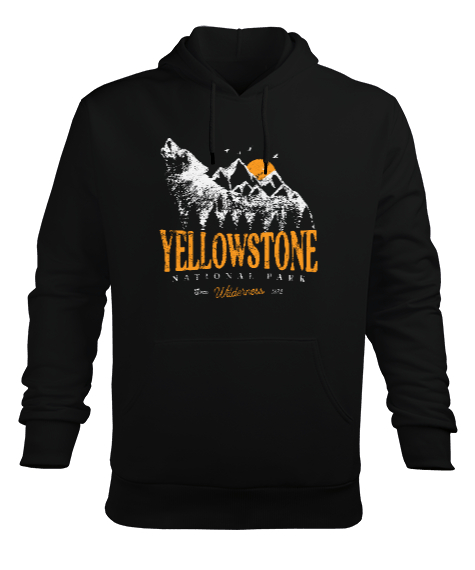 Tisho - Yellowstone National Park Wolf Mountains Vintage Baskılı Siyah Erkek Kapüşonlu Hoodie Sweatshirt