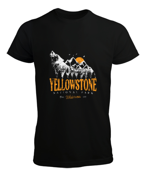 Yellowstone National Park Wolf Mountains Vintage Baskılı Siyah Erkek Tişört