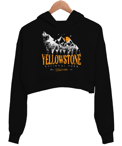 Tisho - Yellowstone National Park Wolf Mountains Vintage Baskılı Siyah Kadın Crop Hoodie Kapüşonlu Sweatshirt
